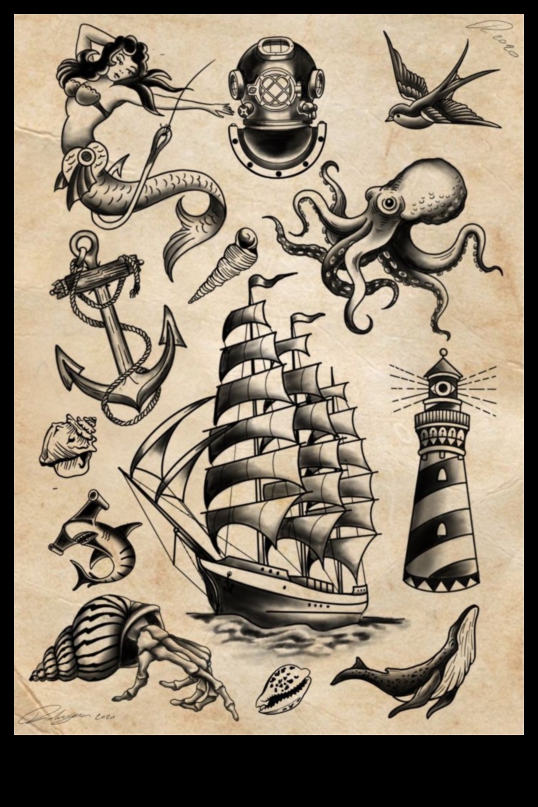 Jūrnieka prieks: jūras šarms klasiskajos tradicionālajos tetovējumos